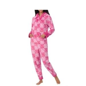 Hello Kitty Sanrio Union Suit Fleece Hoodie Pajamas Womens L (12-14) Pink New